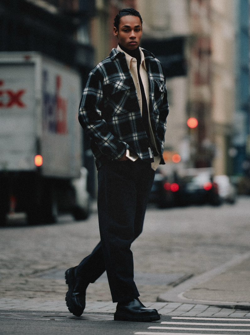 Homme en chemise à carreaux dans les rues de New York.